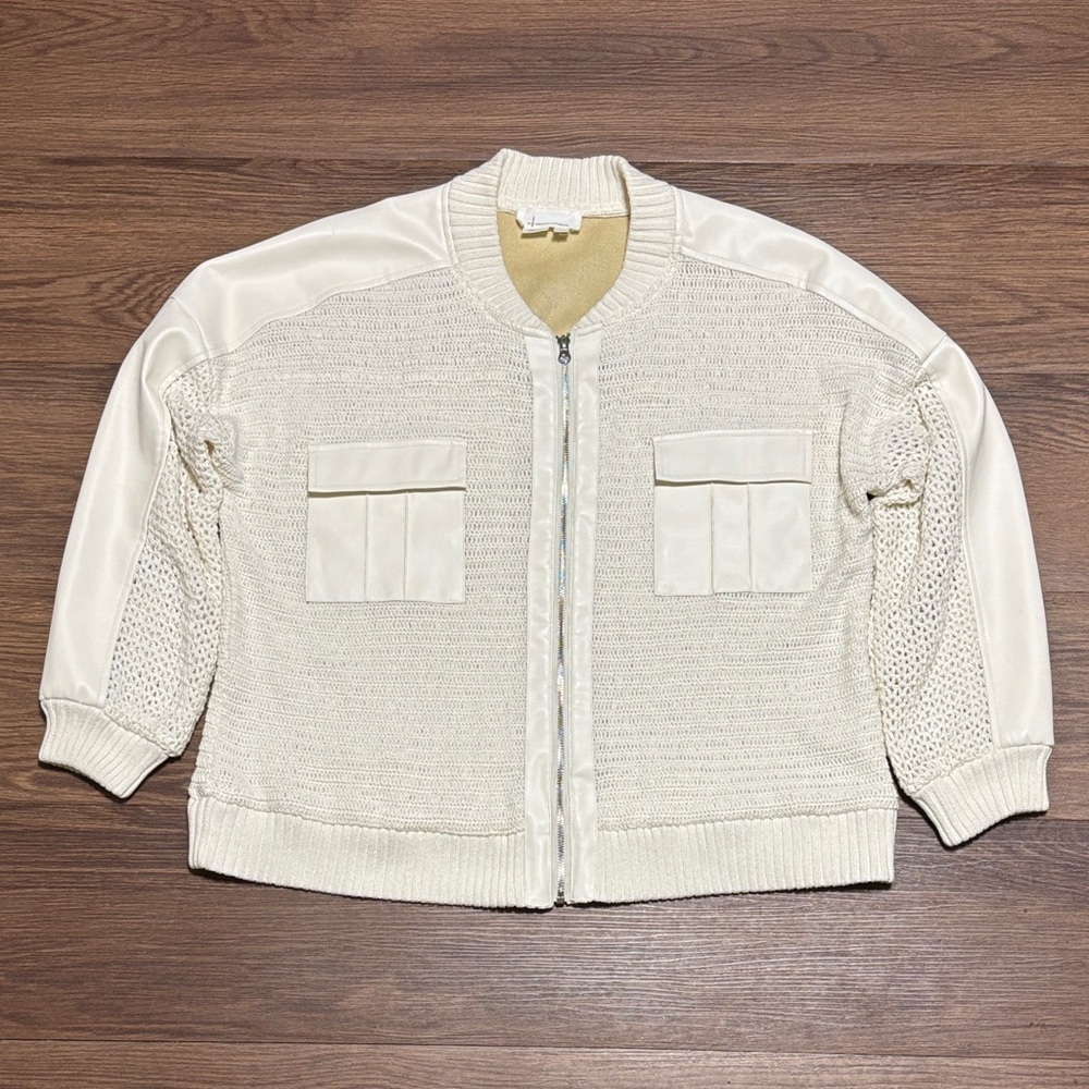 Anthro Crochet Bomber Cardigan Jacket Cream Zip Front XL Soft